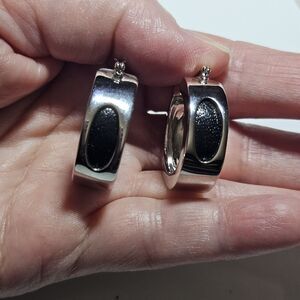 **Sale** Silver Tone And Black Thick Chunky Hoop Earrings